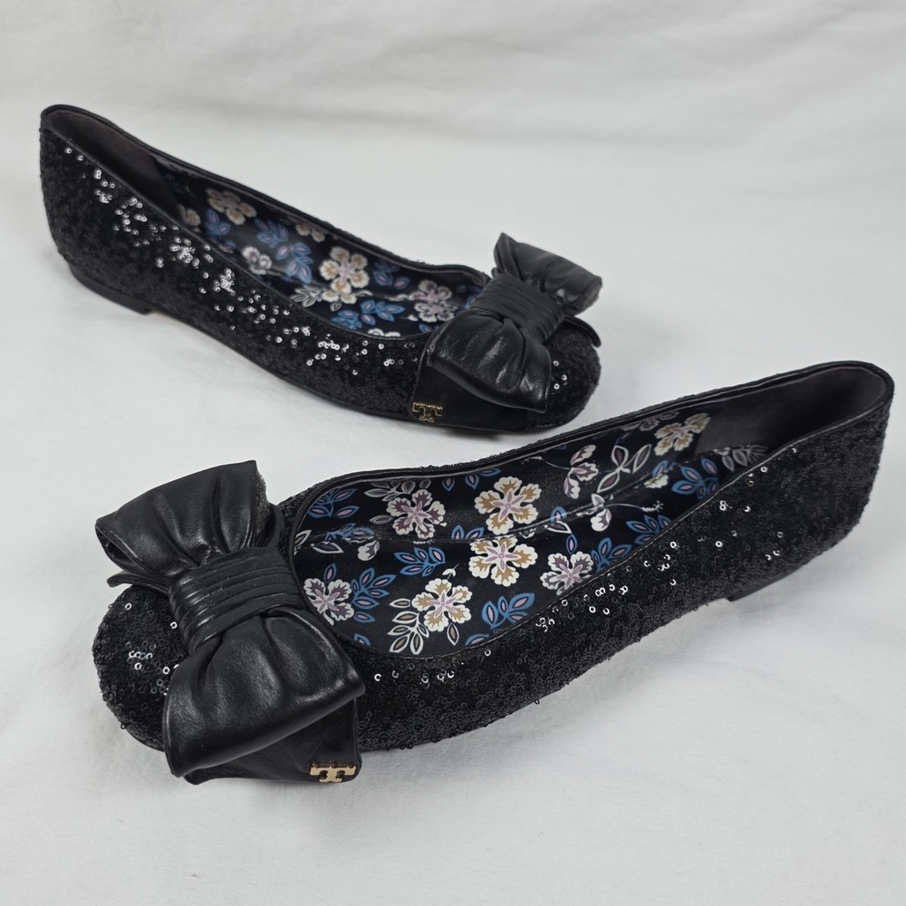 Tory Burch Black Sequin Divine Bow Ballerina Flats Leather Driver Womens Size 9